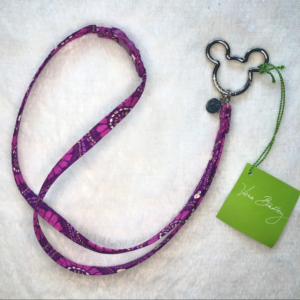 Vera Bradley Purple Floral Lanyard Key & Card Holder with Mickey Keyring